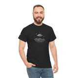 UFO Mountain Tee — Minimal Alien Spaceship Graphic T-Shirt with Grey Alien on Right Sleeve