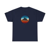 Colourful Retro UFO Tee — Alien Spaceship T-Shirt with Grey Alien on Right Sleeve