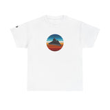 Colourful Retro UFO Tee — Alien Spaceship T-Shirt with Grey Alien on Right Sleeve