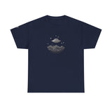 UFO Mountain Tee — Minimal Alien Spaceship Graphic T-Shirt with Grey Alien on Right Sleeve