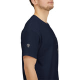 UFO Mountain Tee — Minimal Alien Spaceship Graphic T-Shirt with Grey Alien on Right Sleeve