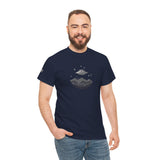 UFO Mountain Tee — Minimal Alien Spaceship Graphic T-Shirt with Grey Alien on Right Sleeve