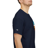 Colourful Retro Grey Alien Tee — Alien T-Shirt with Grey Alien in spaceship on Right Sleeve