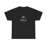 UFO Mountain Tee — Minimal Alien Spaceship Graphic T-Shirt with Grey Alien on Right Sleeve