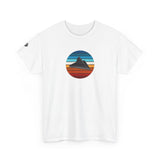 Colourful Retro UFO Tee — Alien Spaceship T-Shirt with Grey Alien on Right Sleeve