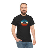 Colourful Retro UFO Tee — Alien Spaceship T-Shirt with Grey Alien on Right Sleeve