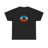 Colourful Retro UFO Tee — Alien Spaceship T-Shirt with Grey Alien on Right Sleeve